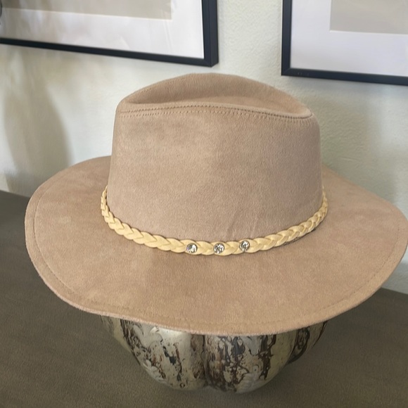 Glitzy Bella Women’s Suede Hat, Beige with Creme braid & crystal embellishments - Picture 1 of 10